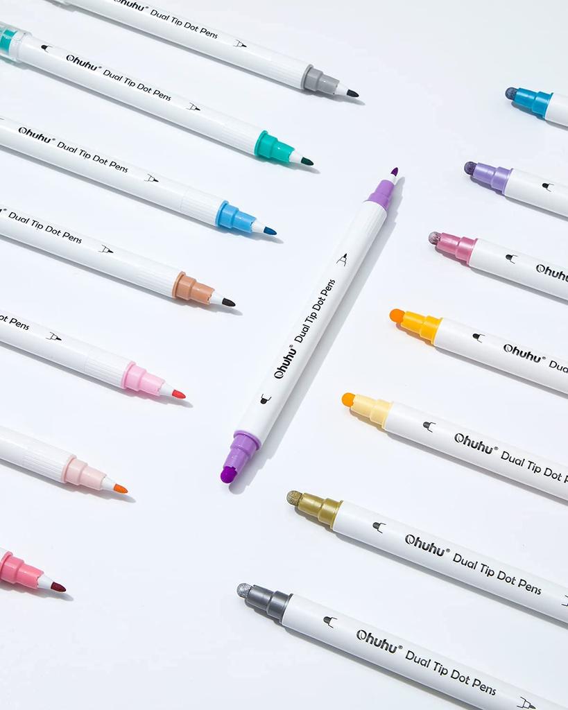 Ohuhu Dot Dot Metallic and Basic Dot Drawing Set for Memo and Doodles Pens, 15-Color Set, 0.5mm Push-Pull Markers, Colors, Water-Based Pens, DIY,
