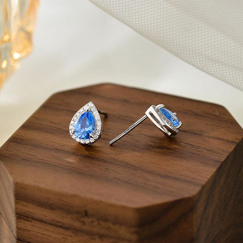 Blue Water Drop Drill Earrings Light Luxury High-end Temperament Exquisite Super Flash Earrings for Women