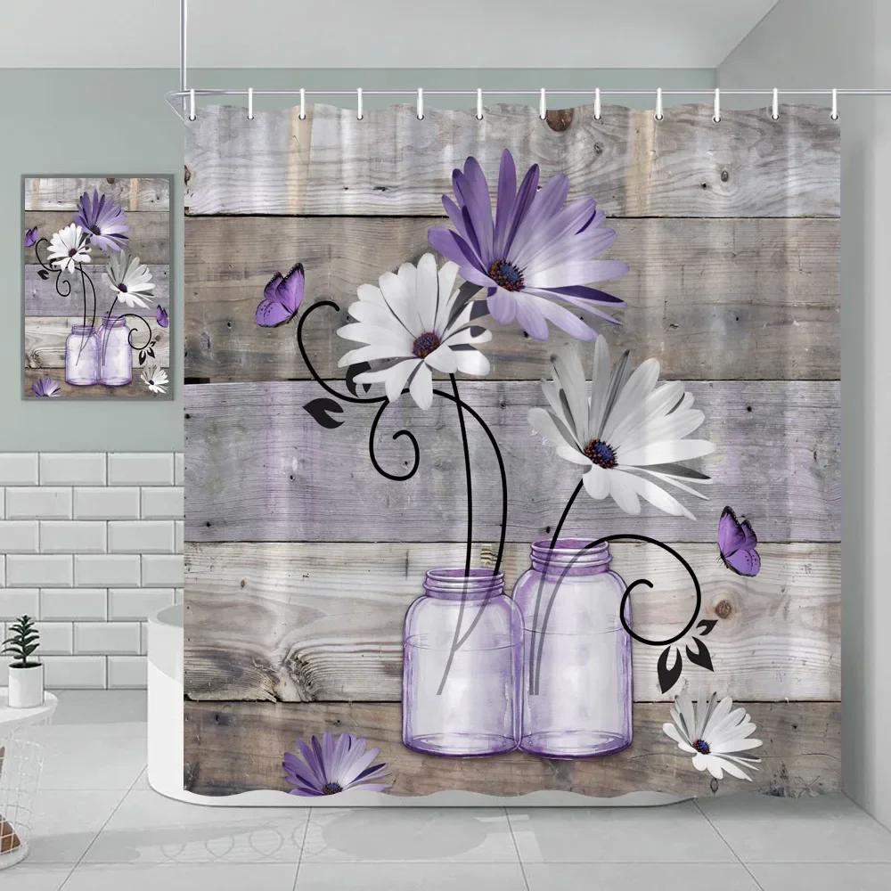 Watercolor Floral Shower Curtain Wooden Butterfly Daisy Rustic Blue Flower Farmhouse Wooden Vintage Farm Bathroom Decoration