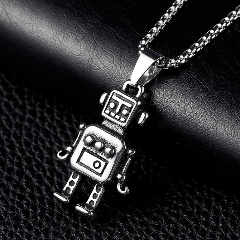 Street Trendy Japanese and Korean Retro Building Blocks Robot Necklace Pendant Hip Hop Titanium Steel Necklace