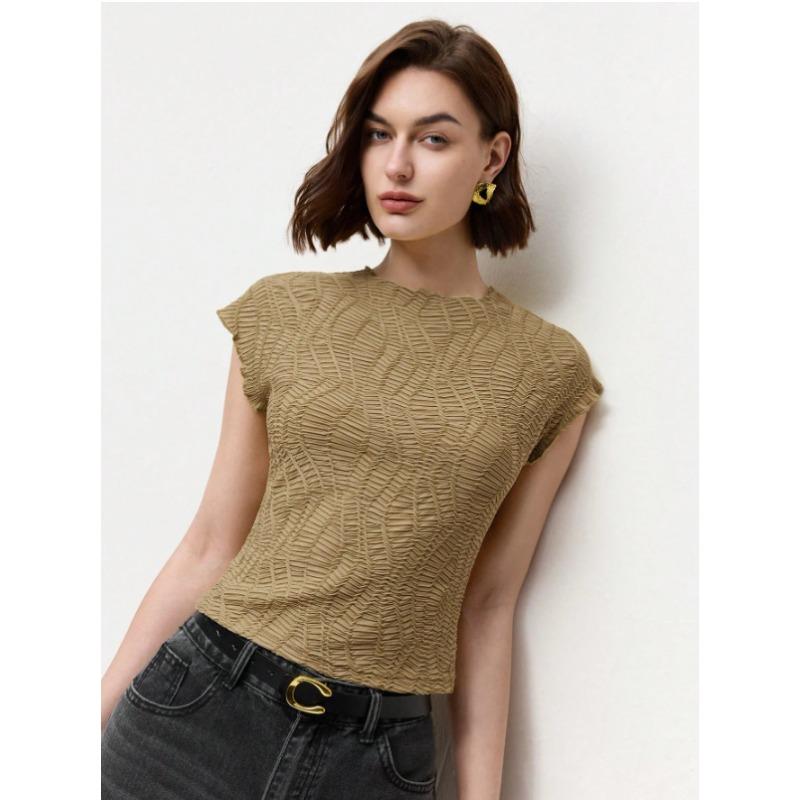 

Летний вязаный жаккардовый топ с коротким рукавом, облегающая короткая женская футболка XL хаки