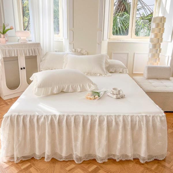 French Lace Embroidered Bed Skirt Small Fresh Solid Color Cotton Bed Cover Thin Gauze Hem Anti Slip Bed Sheets and Bedding