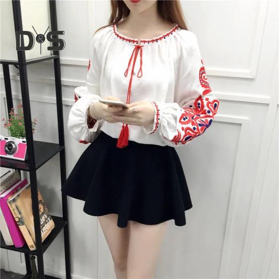 Summer Shirt Women Ethnic Style Embroidered Pattern Pullover Tops Round Neck Lantern Sleeve Loose Fit Blouse