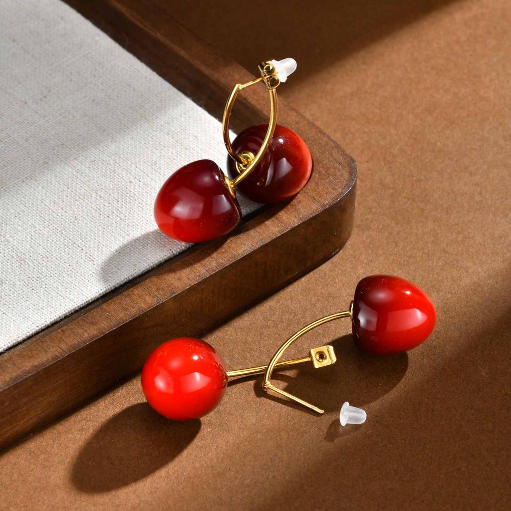Sweet Cherry Earrings for Women, Stainlesss Steel Cherry Dangle Earring Kpop Jewelry Trendy Accessories
