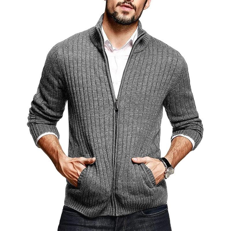 Men's Solid Mock Neck Sweater, Slim Fit Long Sleeve Zip Knit Cardigan, New Autumn Winter European Style Men Casual Knit Outerwear