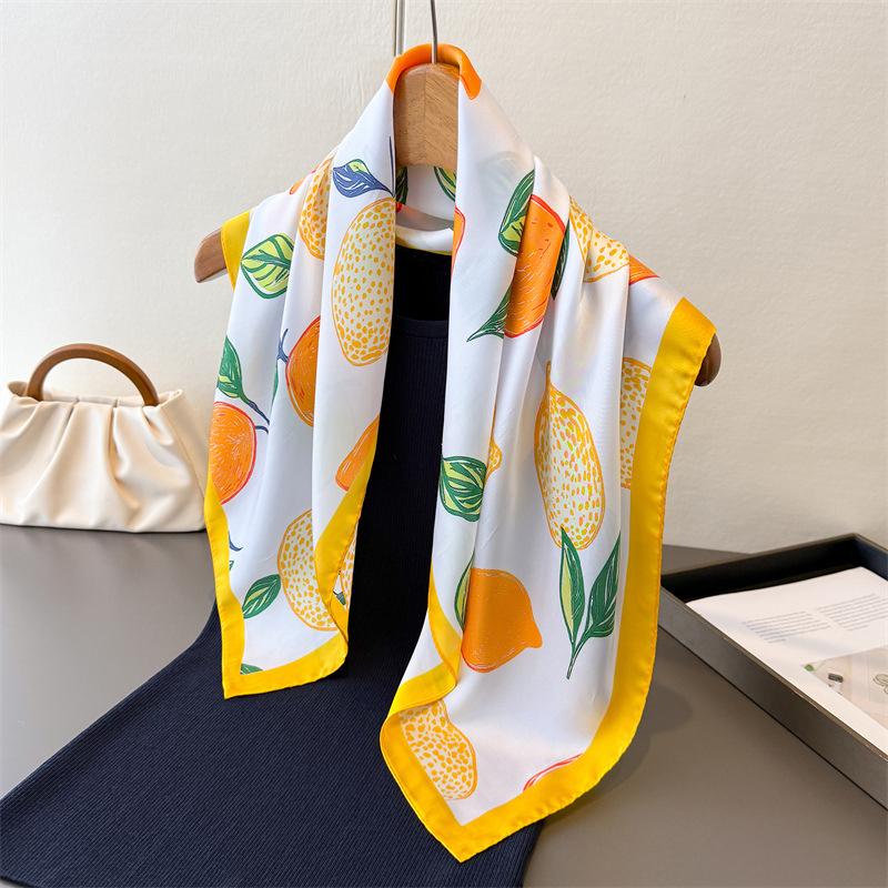 2026 New Arrival Fruit Print Yellow Square Silk Scarf for Women Casual Elegant Thin Breathable Neck Cherif Head Wrap Hair Scarfs
