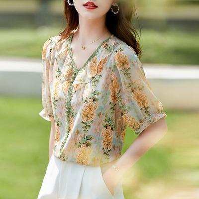 White-collar Summer New V-neck Floral Short-sleeved Chiffon Shirt for Women Loose and Fashionable Versatile Age-reducing Top