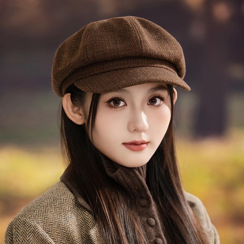 Autumn and winter hats women's big head circumference small octagonal hats retro versatile berets fashion painter hats