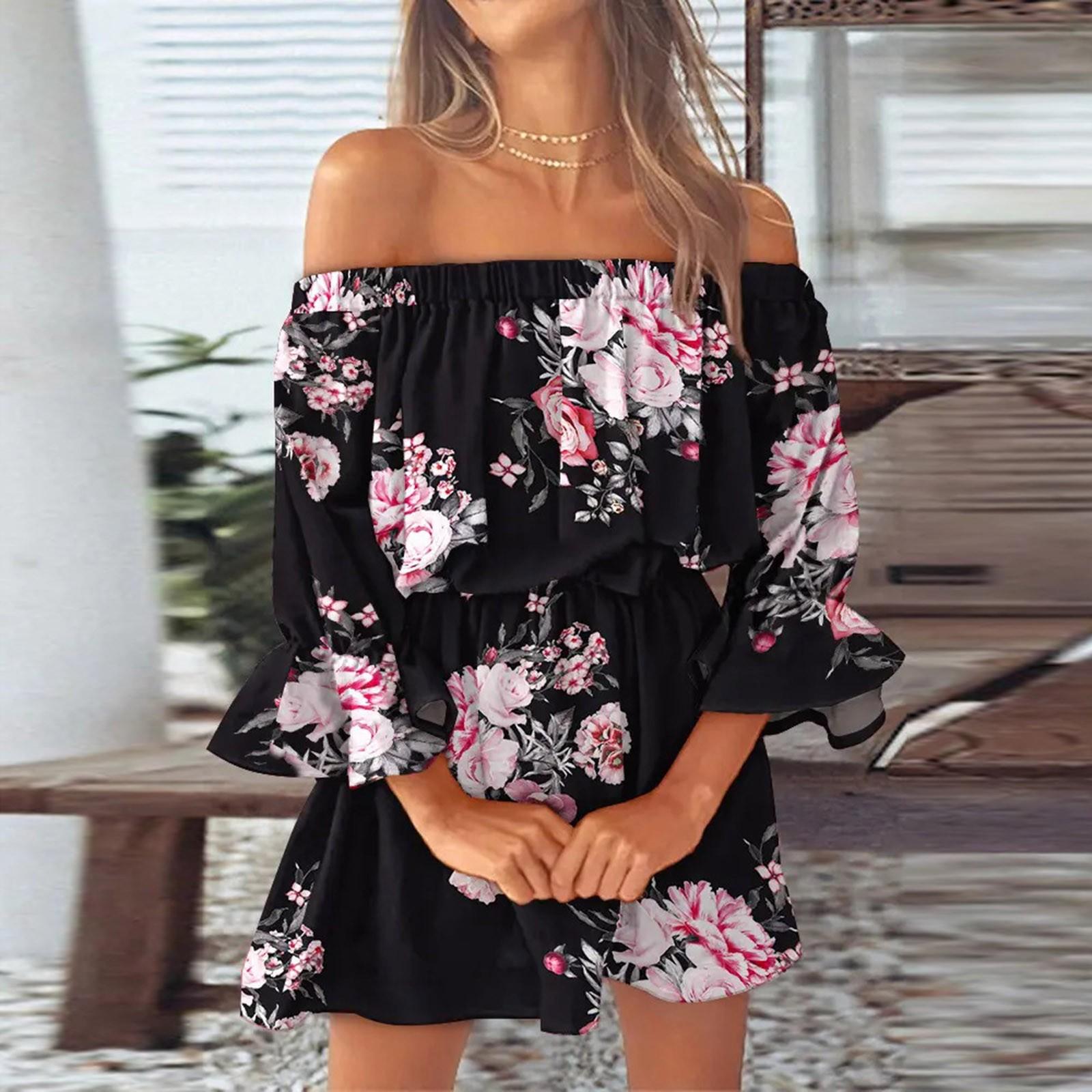 Ladies Casual Sexy One Shoulder Mid Waist Printed Ruffle Sleeve A-Line Dress L чёрный