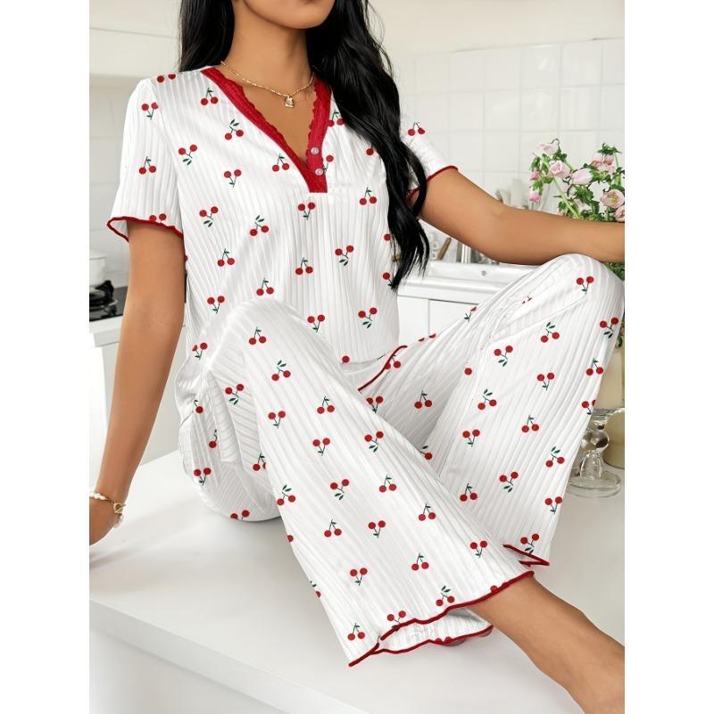 [Elegant Pajama] Comfy Elegant Women's Pajama Set | V-Neck Lace Trim, Short Sleeve Top & Long Pants, Red & White Cherry Print, Loungewear