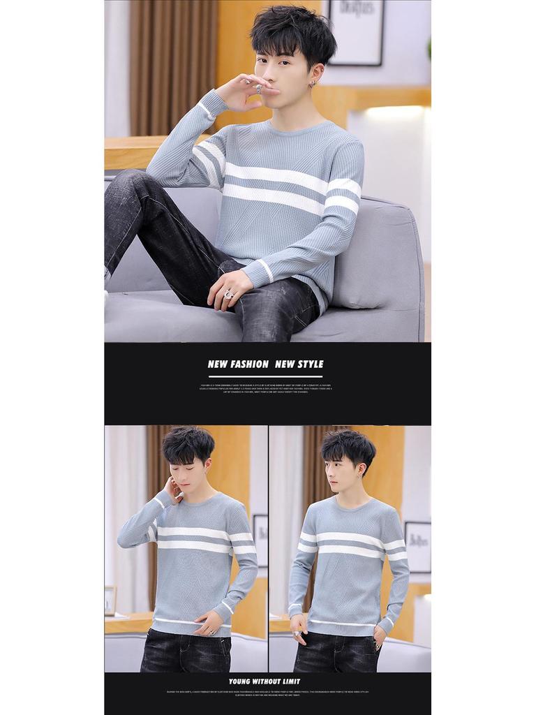 Autumn 2020 Men's Slim Fit Korean Style Round Neck Knitted Pullover Sweater - Fashionable Long Sleeve Base Shirt