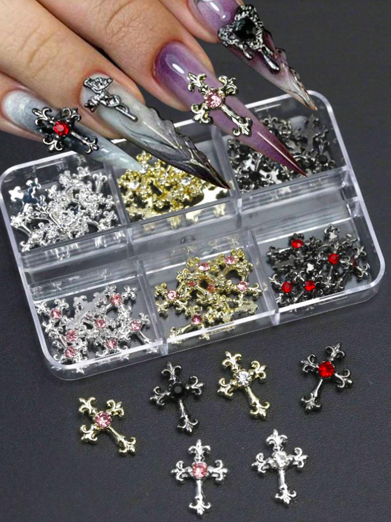 60pcsY2K Gold, Silver And Black Cross Nail Decoration Set With Rhinestones Black, White, Pink, Red Rhinestones Alloy Nail Art
