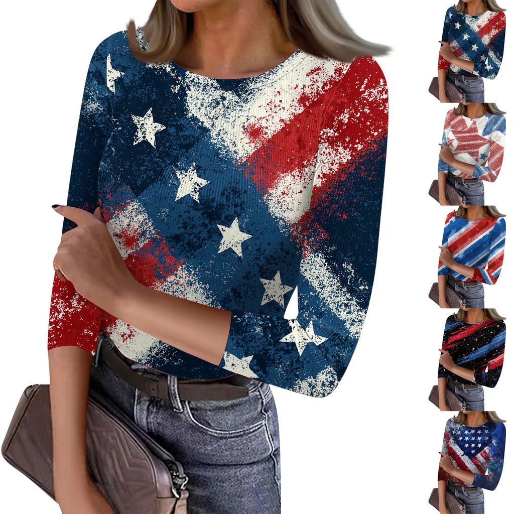 Women's Casual Fashion Round Neck Independence Day Print Three-Quarter Sleeve Ribbed Top