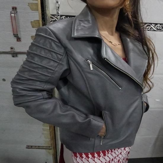 Noora Women's GREY Genuine Lambskin Leather Biker Jacket, Stylish Motorcycle Slim fit Leather Jacket, Clubbing Jacket for Movie Date, Gift Fr Winter