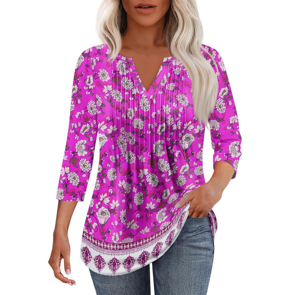 Modisches, lässiges T-Shirt mit plissiertem V-Ausschnitt und einfarbigen Siebenviertelärmeln für Damen