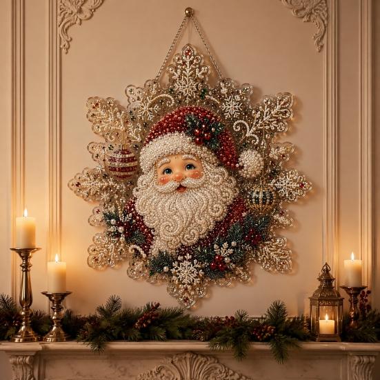 Handmade Christmas Tree Decor Faux Pearl Painting Suncatcher Kit, Acrylic Snowflake Shaped Board with Lace Relaxing Holiday Activity Edge, 3D Gemstone