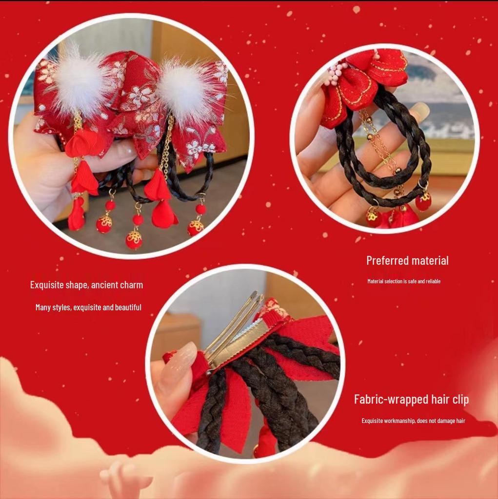 Children's Chinese Bow Braid Hair Clip & Hanfu Wig Headdress