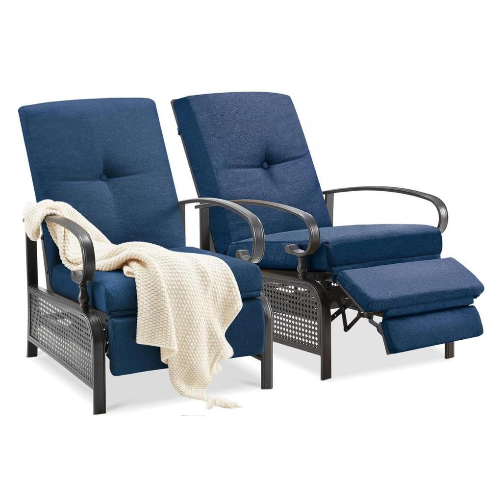 YODOLLA Garden Reclining Chair Adjustable 3 Positions - 150kg Capacity, With Removable Cushion - Foldable - Navy Blue