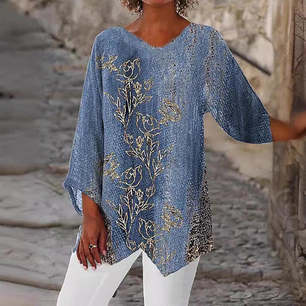 2024 Women's Plus Size Casual V-Neck Long Sleeve Printed Top