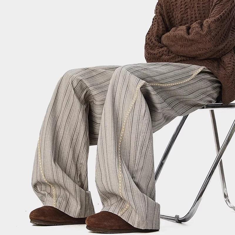 Old money style striped casual pants for men and women, spring and autumn retro loose drape wide-leg commuting versatile straight casual pants