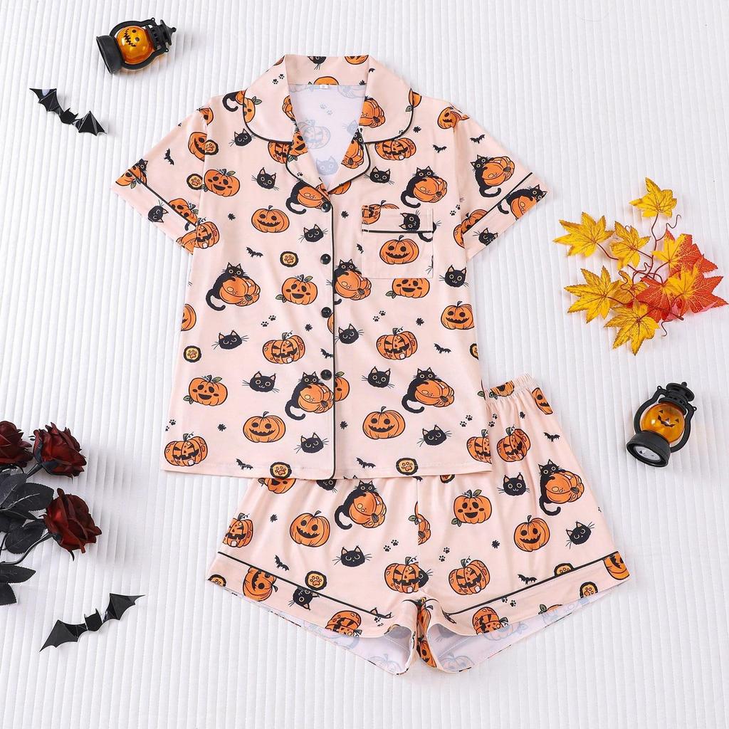 Women's Casual Fashion Halloween Printed Short Sleeve Home Suit