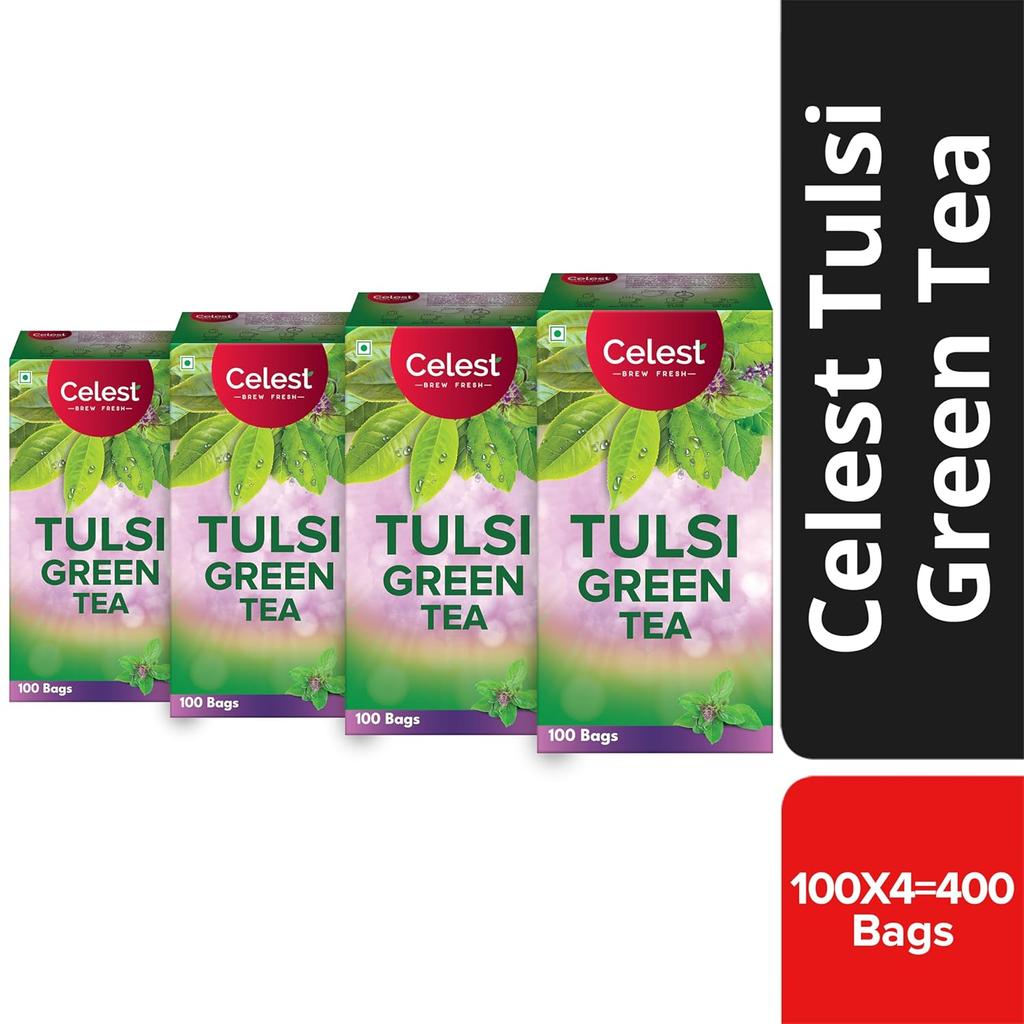 Celest Tulsi Green Tea 100 Bags X Pack of 4 | Refreshing Green Tea for Wellness & Detox | 400 Tea Bags