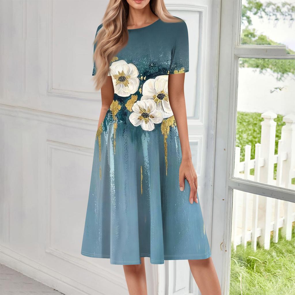 Women Casual Printed Round Neck Long Dress