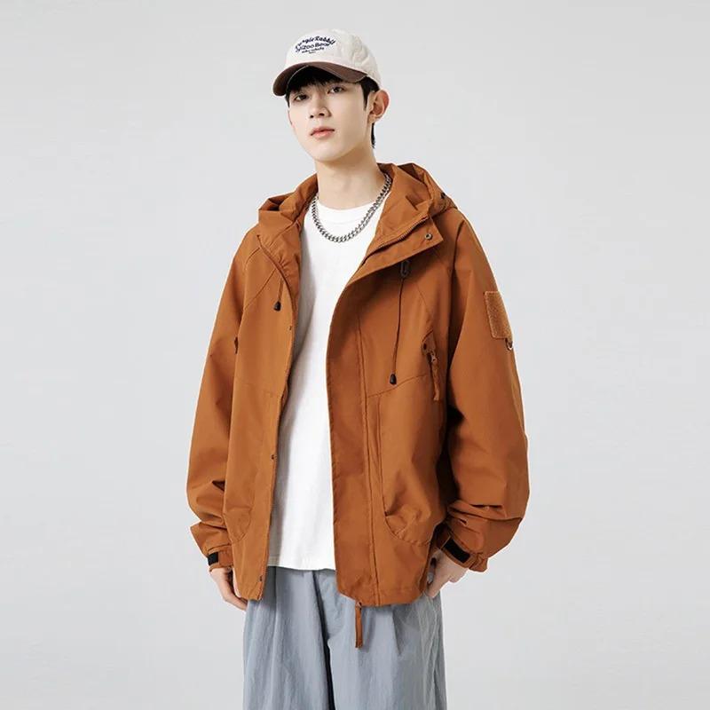 Men's Spring Cargo Jacket Hooded Large Capacity Pockets Outdoor Windproof Camping Hiking Fashion Outwear Loose Fit