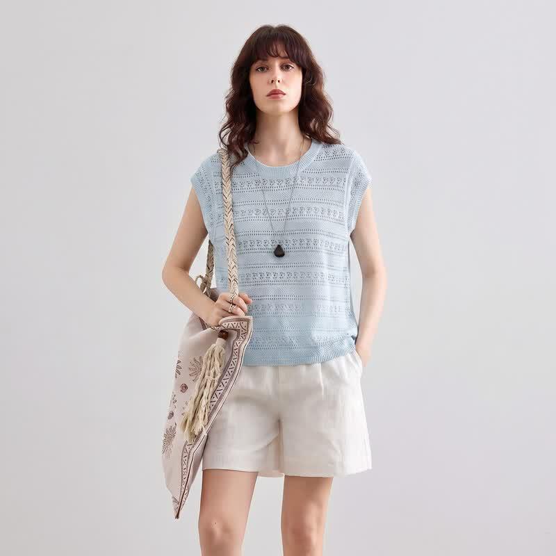 DEMANA Lyocell Blend Hollow-out Jacquard Knit Top L