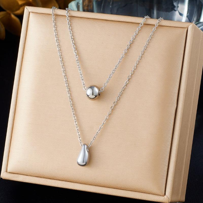Gold Plated Double Layer Ball Teardrop Necklace, Stainless Steel Minimalist Choker, Waterproof Dainty Jewelry for Women Gift