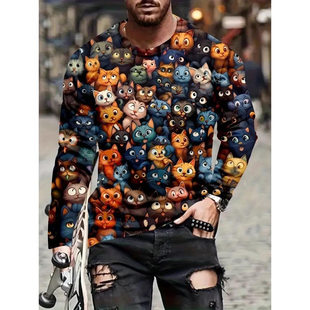 Cartoon Vibrant Rabbit Long Sleeve T-shirt Funny Animal Theme 3D Print T-shirt Man Casual Crew Neck T-shirt