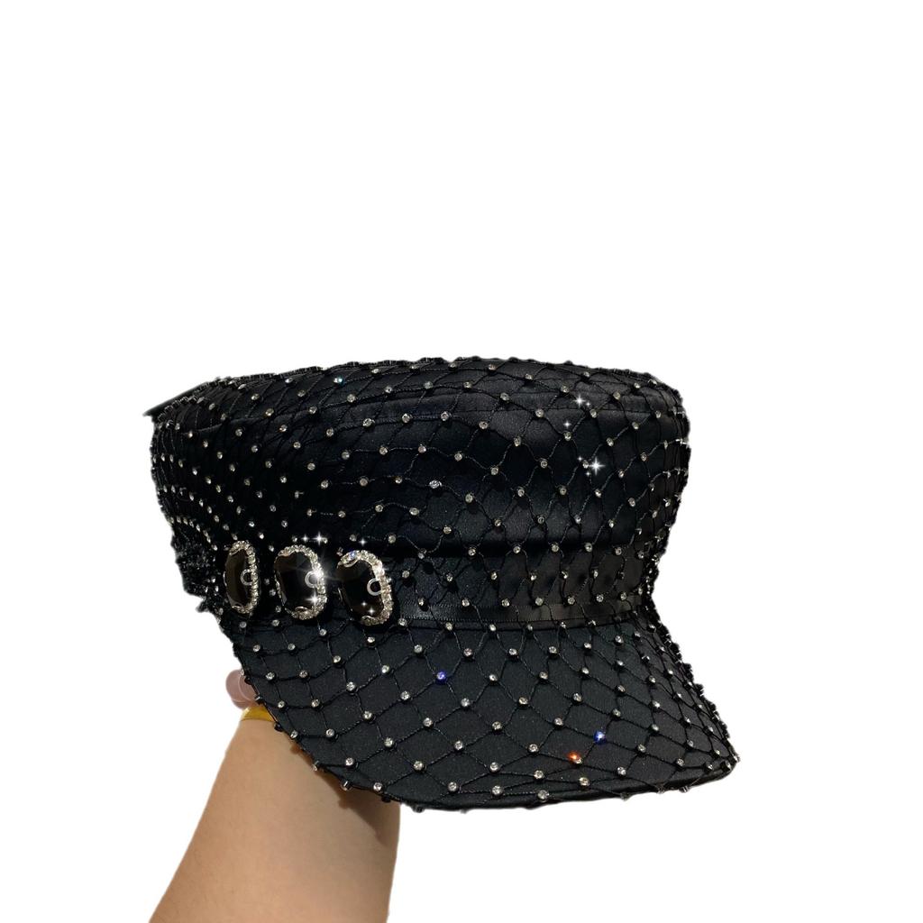 Italian Handmade Rhinestone Navy Hat Concave Shape Light Luxury Celebrity Style Newsboy Hat Spring And Autumn Versatile Acetic Acid Hat
