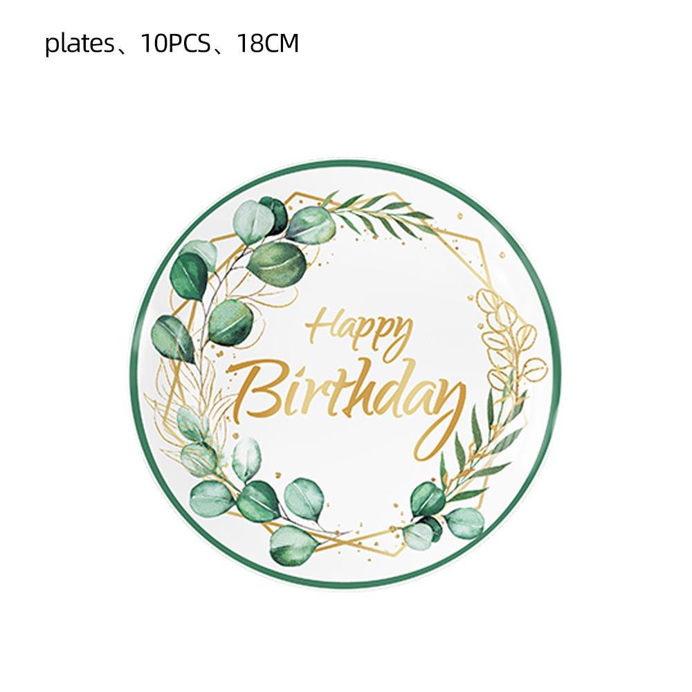 Eucalyptus Leaf Party Tableware: Napkins, Cups, Tablecloth, Cutlery, and Flags for Birthday Celebrations.