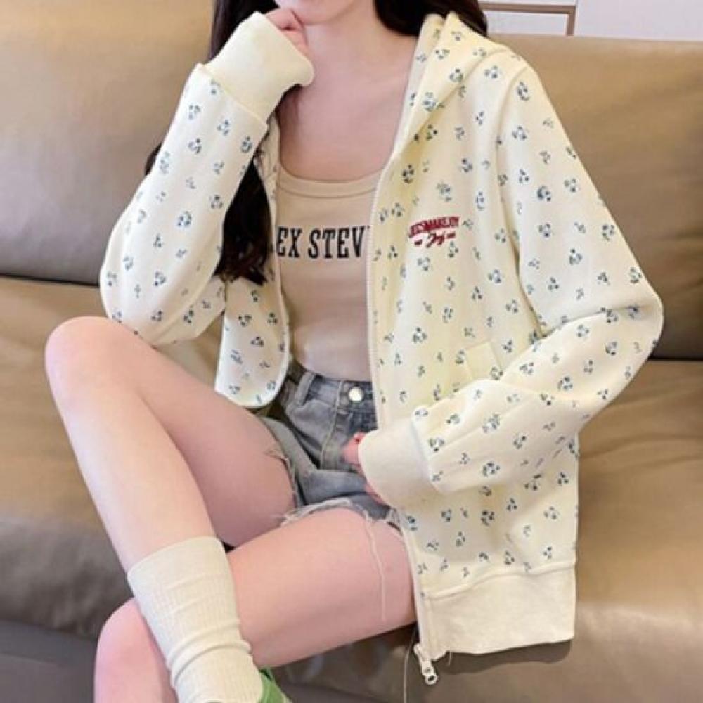 Navava Women Flower Pattern Long Sleeve Hooded Zip Up Nc168