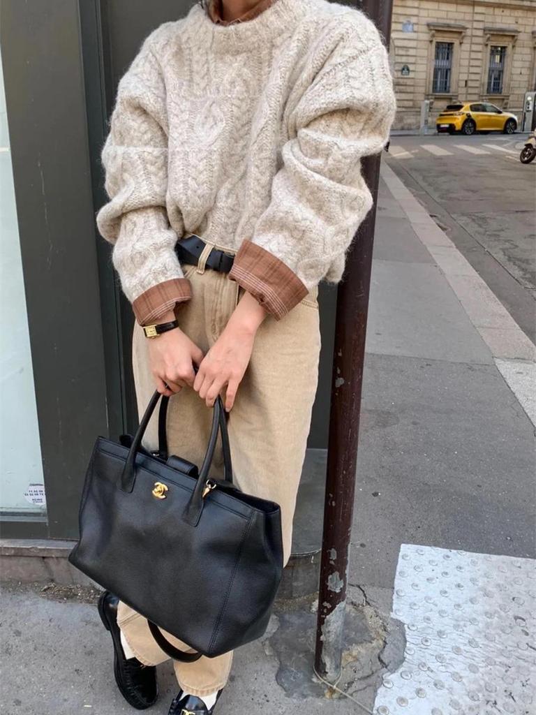 Chunky Knit Chunky Yarn Twisted Sweater Women's Outerwear Autumn Winter New Style Retro Lazy Style Loose Crew Neck Knit Top