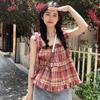 French design sense red plaid suspender vest women's summer new loose and thin age-reducing sleeveless short top