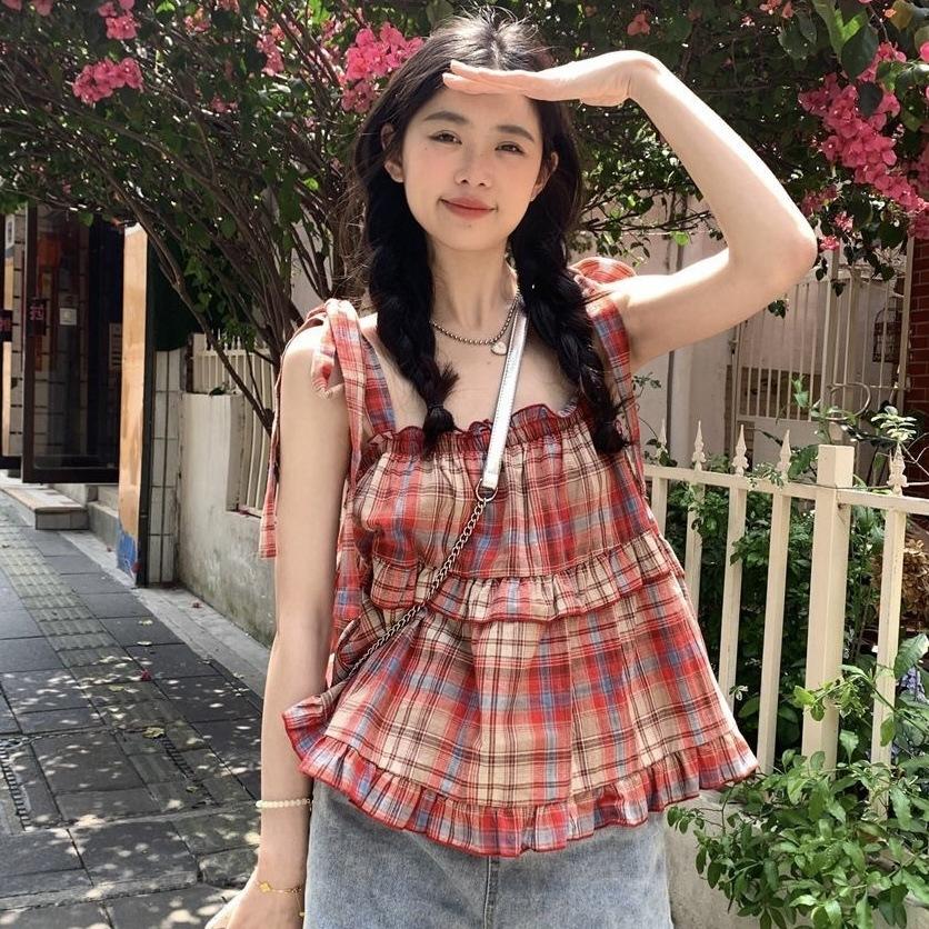 French design sense red plaid suspender vest women's summer new loose and thin age-reducing sleeveless short top