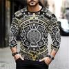 Round Neck 3D Aztec Graphic Printed Casual Long Sleeved Men's T-shirts - Soft Medium Stretch Polyester Fabric Spring and Autumn Relaxed Fit Clothing