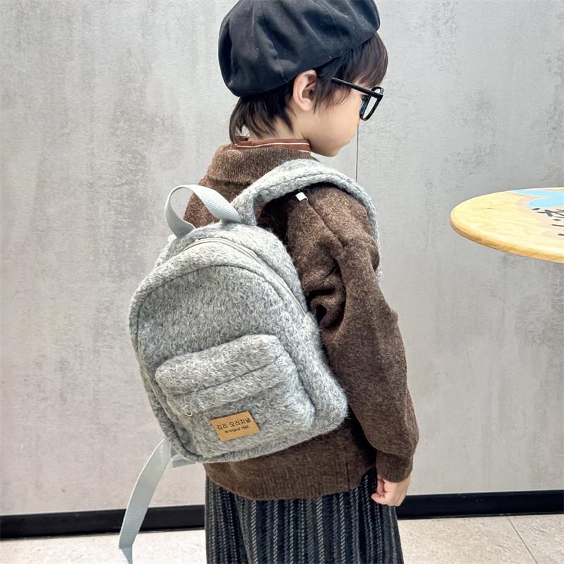 Breathable Chic Plush Leopard Print Backpack For Children In Grey Tan And