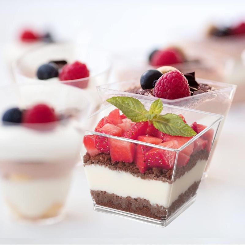 50PCS 2/4OZ Plastic Dessert Cups with Spoons Clear Mini Square Tumbler Cups for Mousse Pudding Appetizer Party Supplies