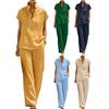 Yousheng Women Cotton Linen 2 Piece Sets Short Sleeve Button Up V Neck And Long Pants Summer Lounge Outfits with Pockets
