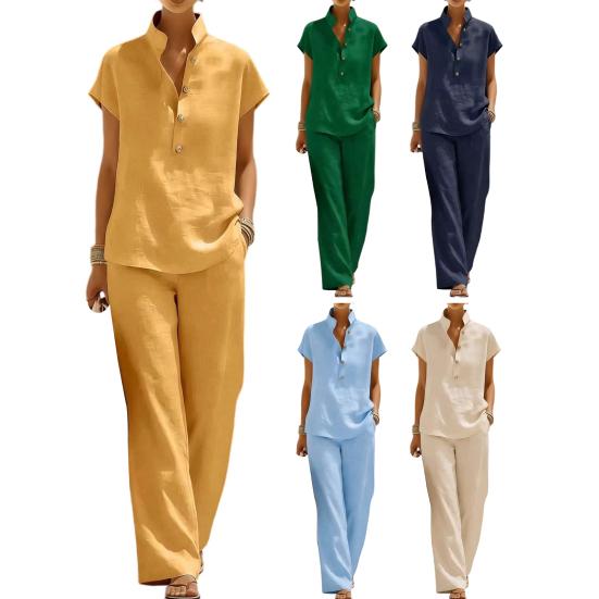 Yousheng Women Cotton Linen 2 Piece Sets Short Sleeve Button Up V Neck And Long Pants Summer Lounge Outfits with Pockets