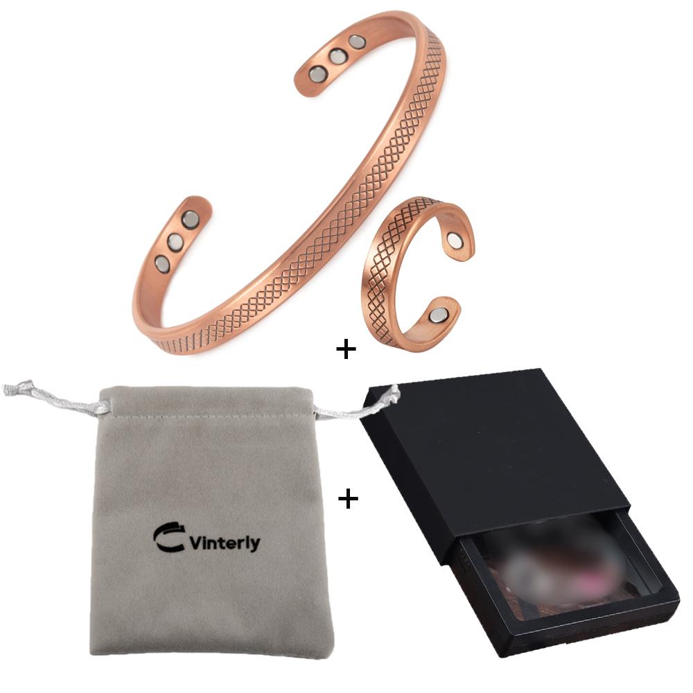 Vinterly Magnetic Pure Copper Jewelry-Set Adjustable Bracelets Ring Magnet Resizable Health Jewelry Sets Open Cuff Soft Matel