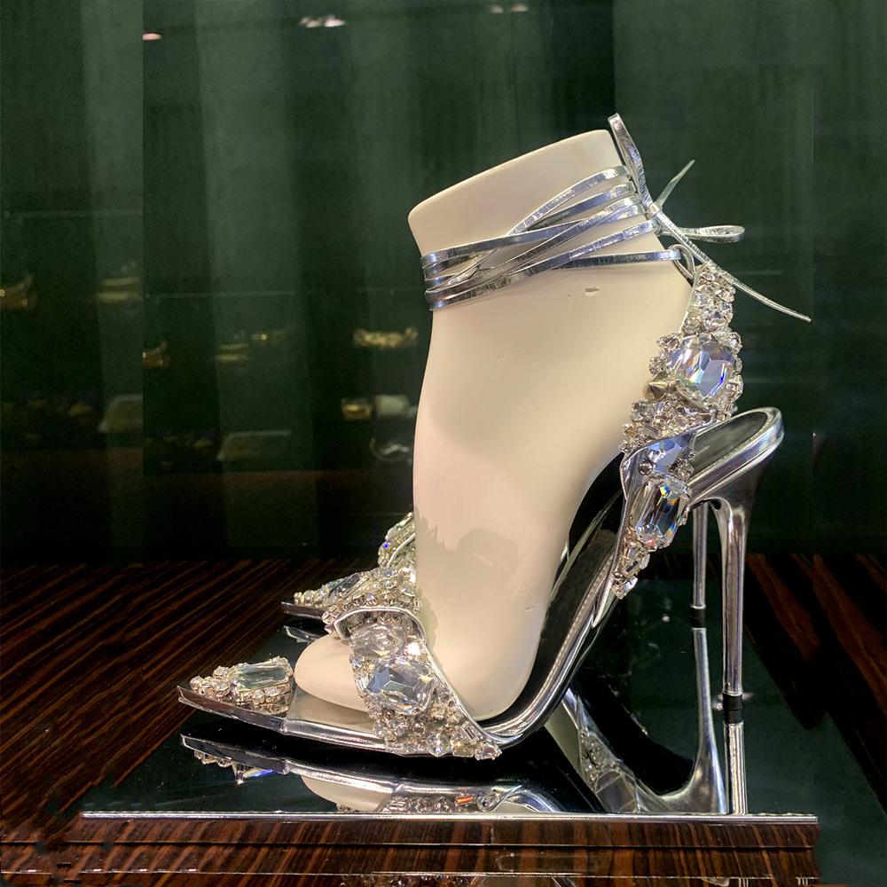 Nye Sandaler med Høye Hæler Kvinners Bryllupssko Kvinner Spiss Tå Rhinestone Sandalias Kvinners Høye Hæler Sandalias De Las Mujeres