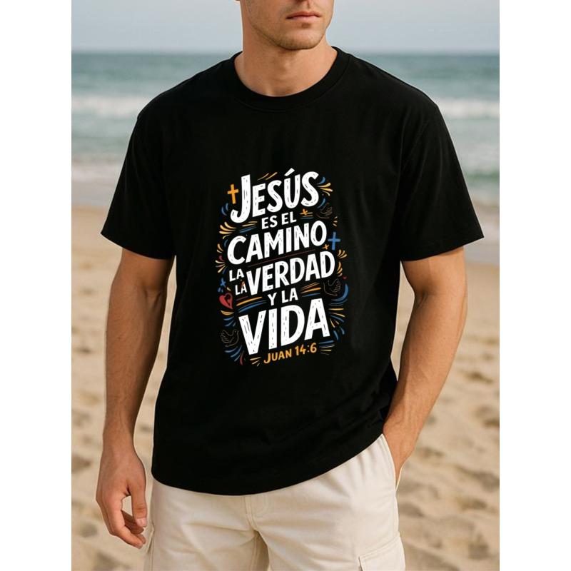European Size Men'S Casual Short-sleeved Round-neck T-shirt | Spanish " Is The Way, Truth, Life" Faith Artistic Style Fashion Trend, Print Pattern