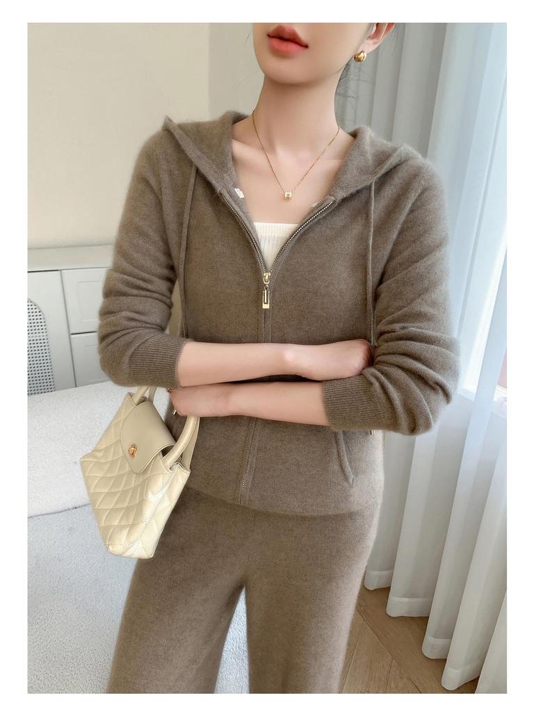 Autumn/Winter 2025 Women's Hooded Cashmere Knit Cardigan & Wide-Leg Pants Set