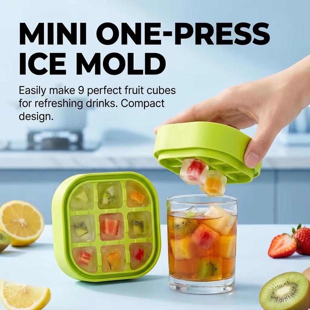 Mini Household Ice Cube Tray with Press Button Quick Release 9 Compartment Mold for Freezing Ice Cubes Easy to Use Durable Plastic Material