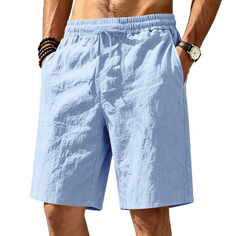 Summer Loose Linen Breathable Casual Sports Simple Solid Color Drawstring Vacation Beach Five Quarter Shorts