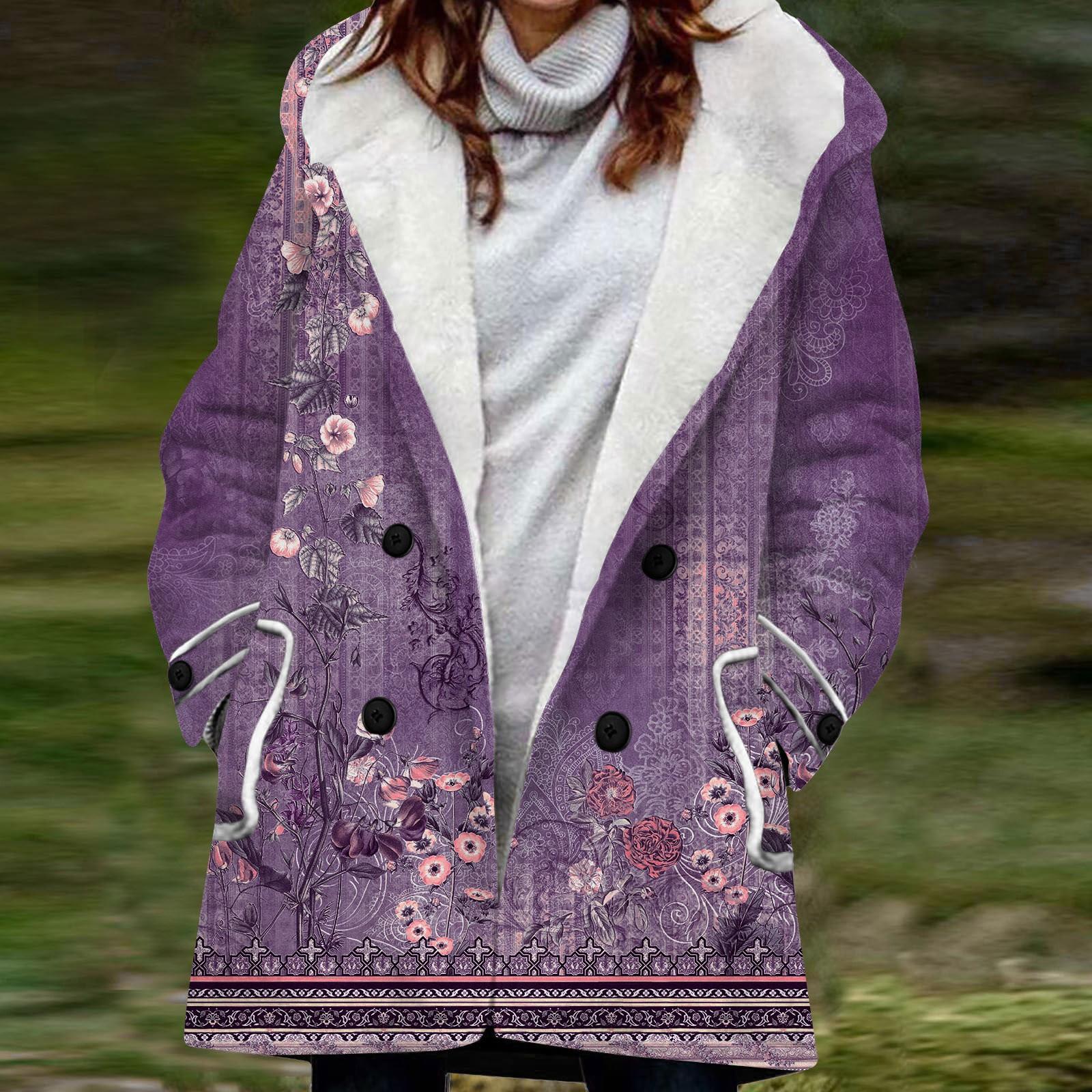 

Женская большая куртка с теплой и плюшевой классической курткой на пуговицах с капюшоном и карманами в стиле ретро S фиолетовый