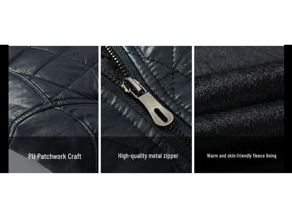 Youth Blue Leather Jacket with Stand Collar, Zipper, Side Pockets, and Round Hem - European-American Style, Winter Collection.